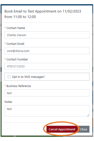 Admin view with Cancel Appointment button