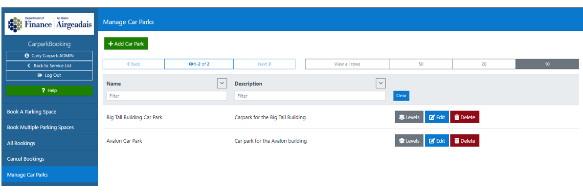 Manage Car Parks List