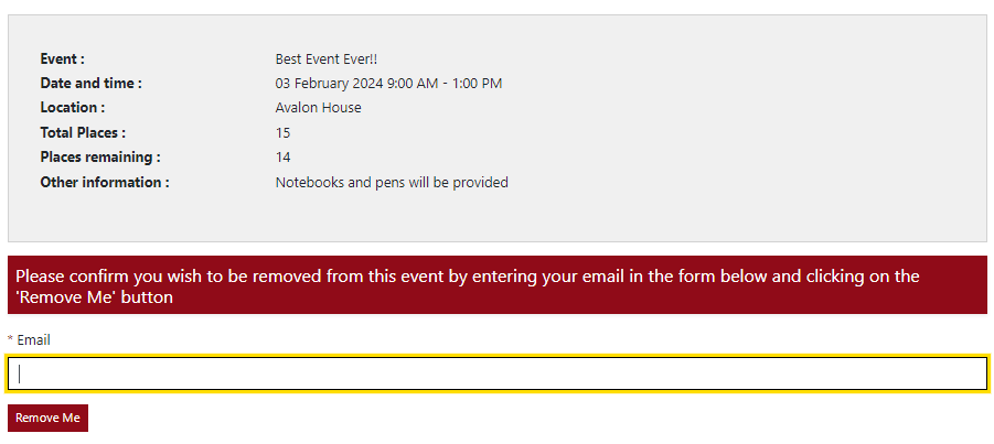 Public - Cancel Event page